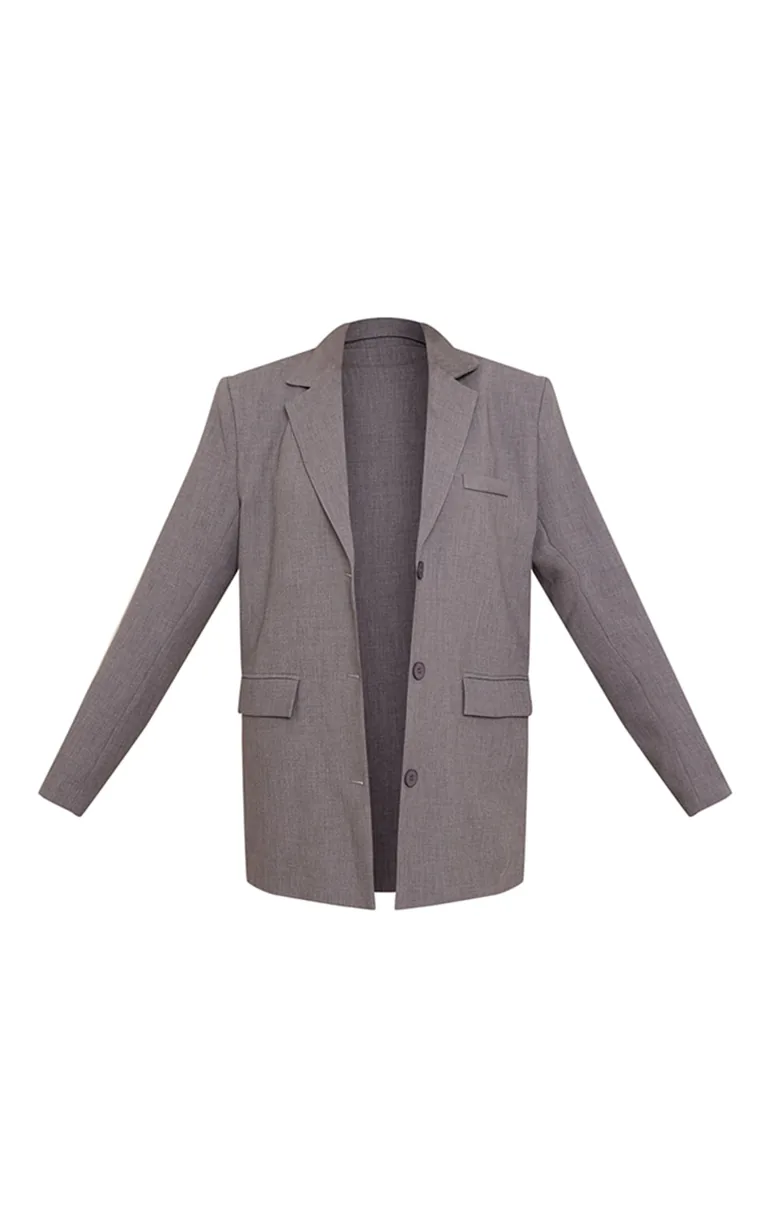 Grey Textured Look Shoulder Padded Oversized Blazer - 4