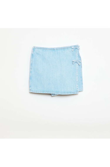 Denim Mini Skort with Tie Details BLUE