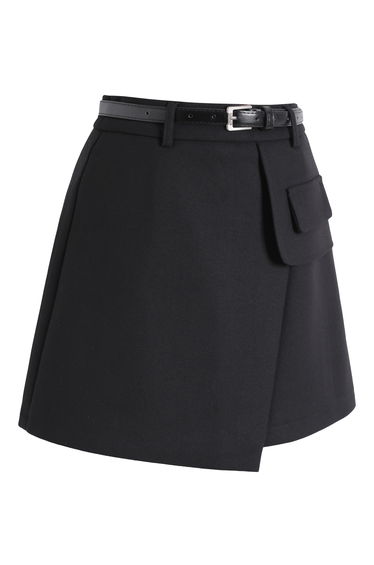 Modern Fake Flap Pocket Belted Mini Skirt for City Strolls & Office Days