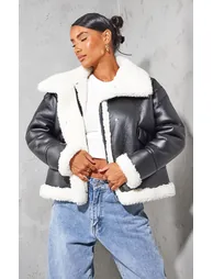 Black Faux Fur Lined Faux Leather Buckled Aviator Jacket
