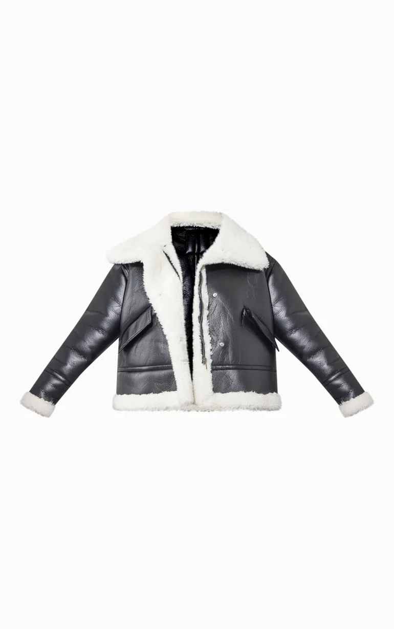 Black Faux Fur Lined Faux Leather Buckled Aviator Jacket - 4