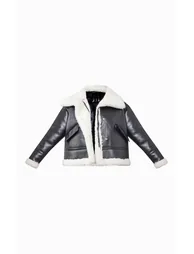 Black Faux Fur Lined Faux Leather Buckled Aviator Jacket - 4