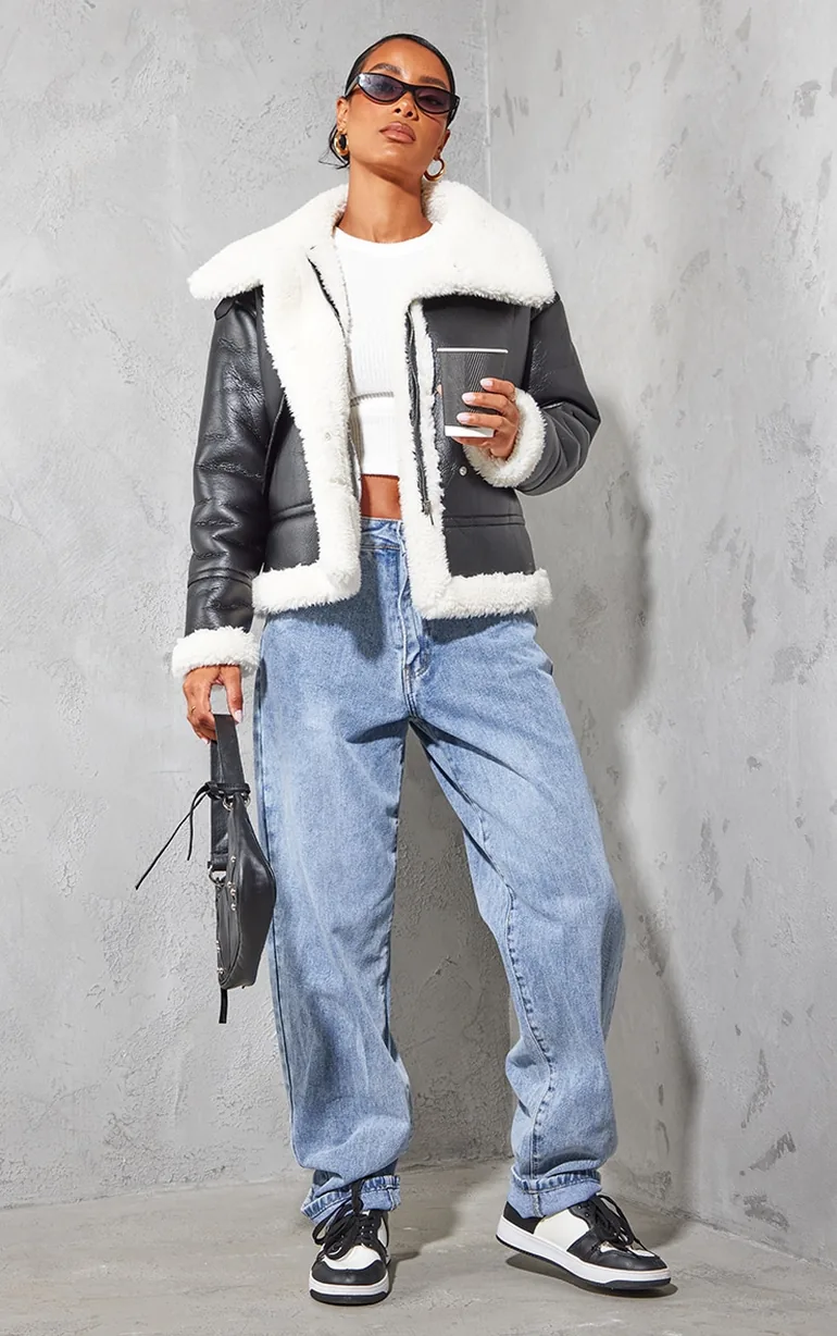 Black Faux Fur Lined Faux Leather Buckled Aviator Jacket - 2