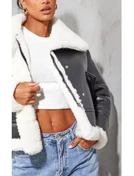 Black Faux Fur Lined Faux Leather Buckled Aviator Jacket - 3