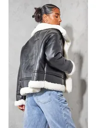 Black Faux Fur Lined Faux Leather Buckled Aviator Jacket - 1