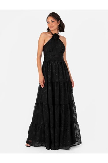 Maya Black Corsage Halter Floral Floor Length Dress