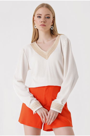 BDART Embroidered Textured V-Neck Blouse