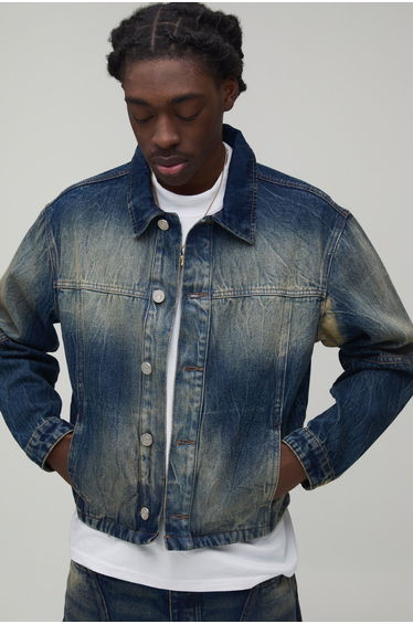 Relaxed Cropped Bleach Washed Panelled Denim Jacket - antique wash