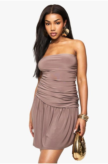 Slinky Ruched Bandeau Mini Dress - mocha