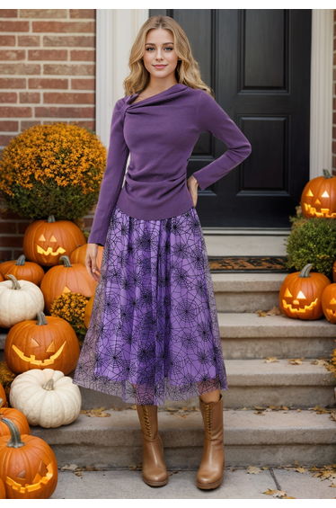 Cobweb Mystique Mesh Tulle Midi Skirt in Purple Halloween Costumes