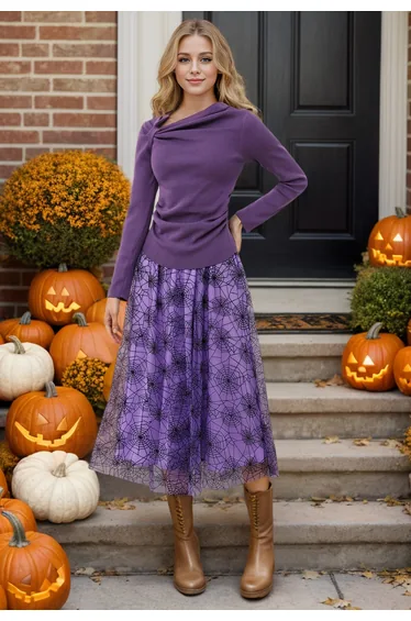 Cobweb Mystique Mesh Tulle Midi Skirt in Purple Halloween Costumes