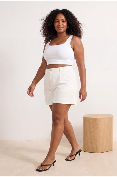 White More Sustainable Pleated Elastic High Waist 100% Cotton Non-Stretch Denim Shorts