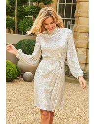 Champagne Gold Sequin High Neck Belted Shift Dress