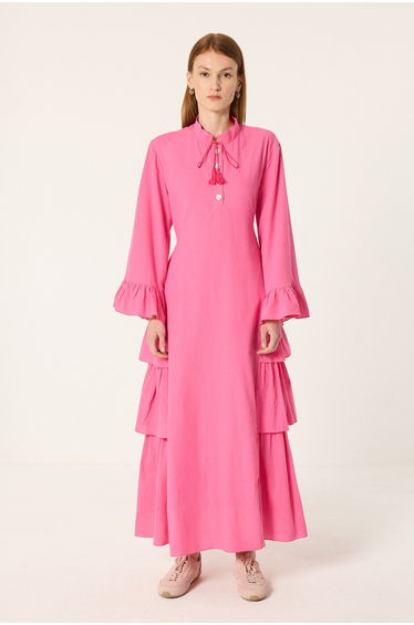 RUFFLE DETAILED LINEN DRESS