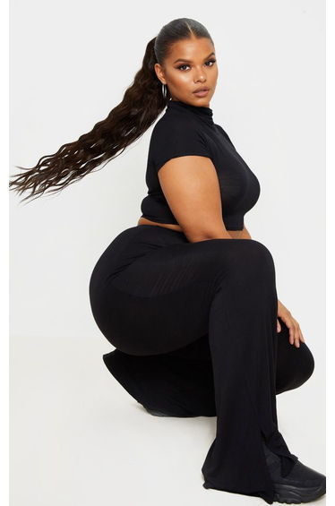 Plus Black Jersey Split Hem Flared Trouser