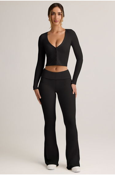 Modal Ribbed Foldover Flared Trousers in Black