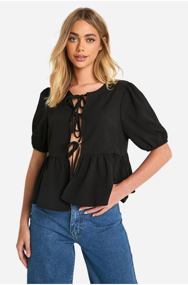 Textured Tie Front Puff Sleeve Smock Top - black