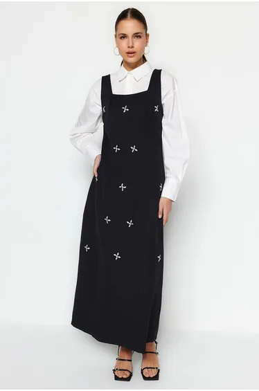 Black Floral Column Maxi Pinafore