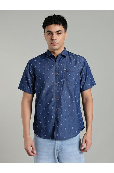 Men Blue Denim Print Short Sleeve Shirt