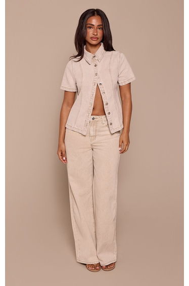 Petite Stone Denim Button Up Short Sleeve Shirt