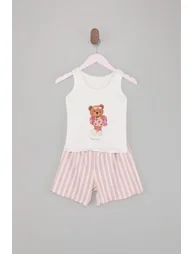 Ecru Printed Ruffled Girls' Knitted Pajama Set - 2