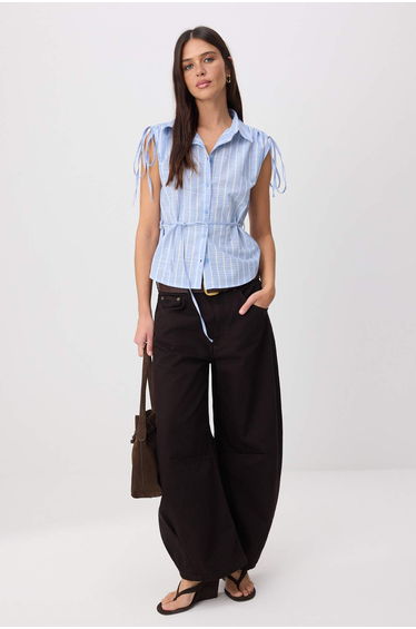 Light Blue Striped Drawstring Shirt with Natural Fabric Content