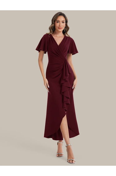 Thigh-High Slit Knit Ruffle Sleeve Wedding Guest Dress