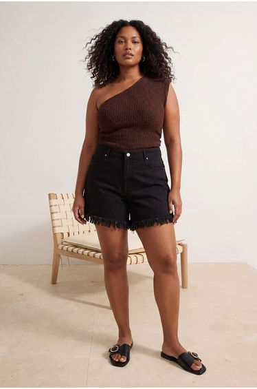 Black Ripped High Elastic Waist Mini 100% Cotton Non-Stretch Plus Size Denim Shorts