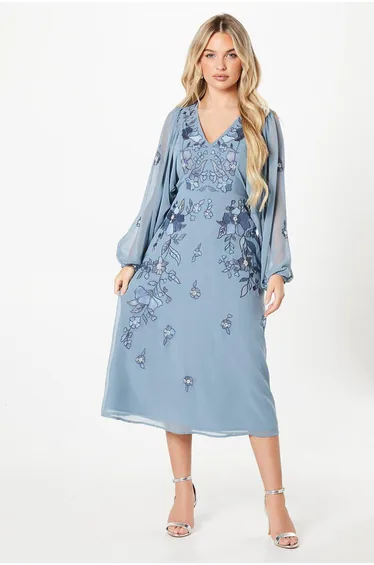 Petite Embellished And Embroidered Batwing Sleeve Midi Dress
