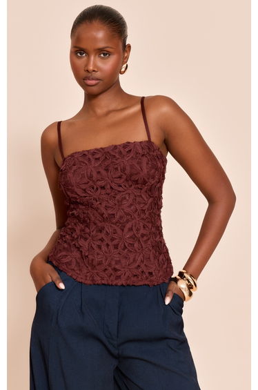 Chocolate Textured Floral Strappy Top