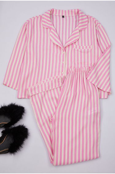 Pink-Multicolored Plain Viscose Woven Pajama Set THMAW21PT0292