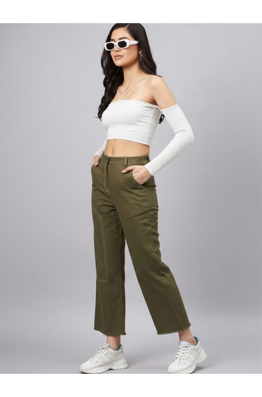 Olive Green High Rise Straight Trousers
