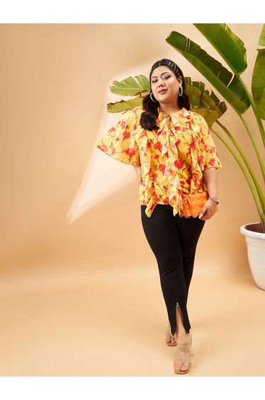 Plus Floral Print Top with Tie-Up Neck and Ruffled Detail