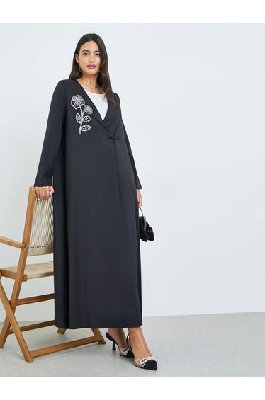 Black Beaded Patch Abaya with Loop Button