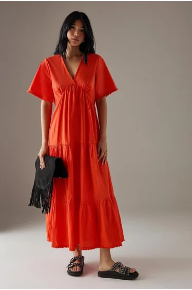 Poplin Whipstitch Trim Midi Smock Dress