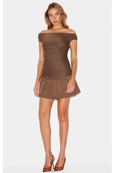 Chocolate Bardot Ruched Detail Pleated Shift Dress