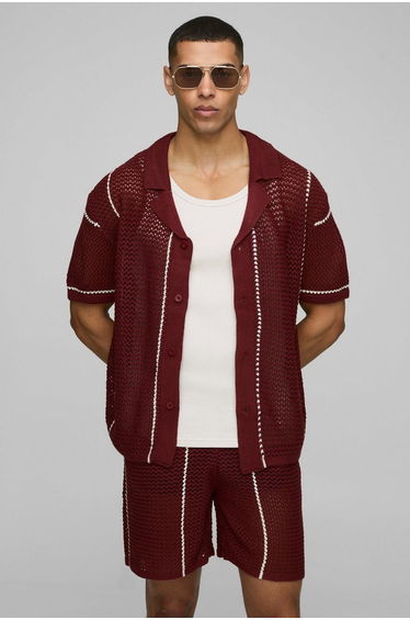 Boxy Revere Collar Open Stitch Stripe Shorts Set - brown