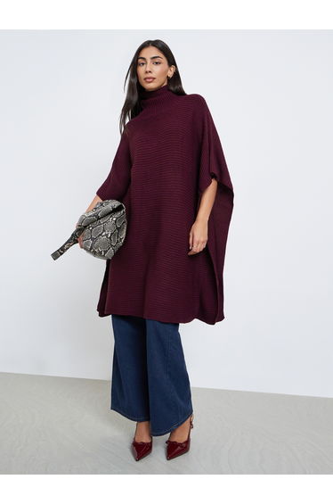 Burgundy Oversized Chunky Knit Cape Sweater