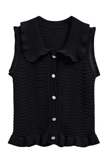 Ruffle Edge Wavy Pointelle Knit Top in Black