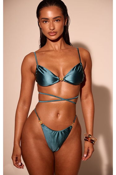 Teal Shine Swim Gold Trim Tie Side Bikini Bottom
