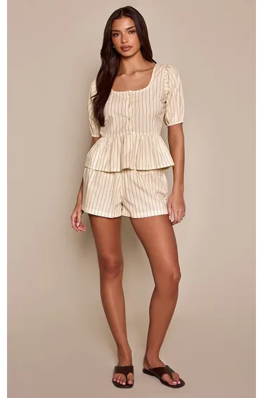 Yellow Stripe Cotton Puff Sleeve Button Up Blouse