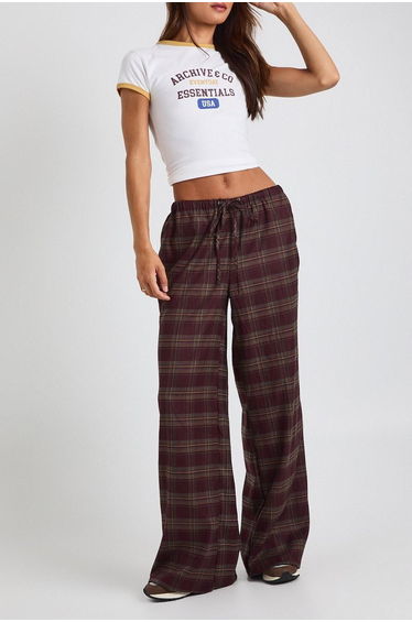 Tall Check Drawcord Waist Wide Leg Trousers - chocolate