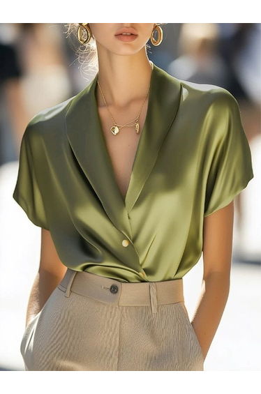 Loose Short Sleeves Solid Color V-Neck Blouses&Shirts Tops