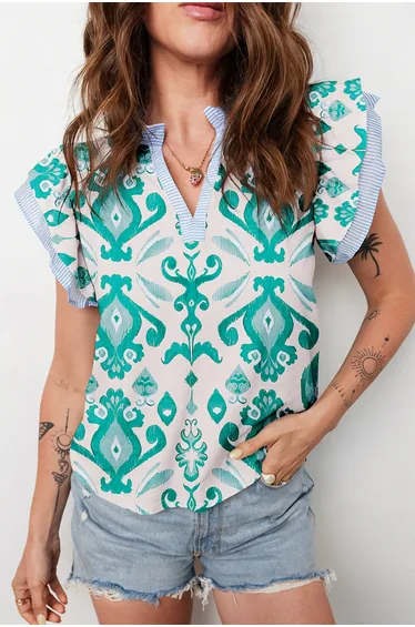 Lvness Sky Blue Ethnic Print Striped Trim Flutter Sleeve Top