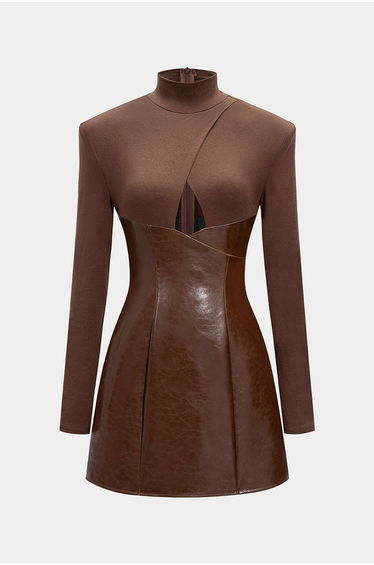 Mock Neck Faux Leather Patchwork Cut Out Long Sleeve Mini Dress