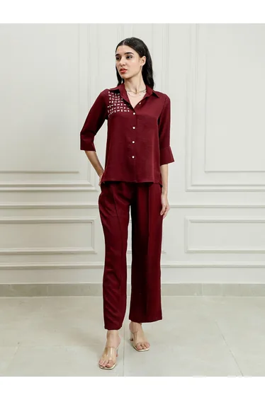 Maroon Embellished Top with Trousers Co-Ords