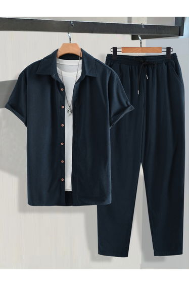 Men Navy Blue Relaxed Shirt and Trousers Co-Ords