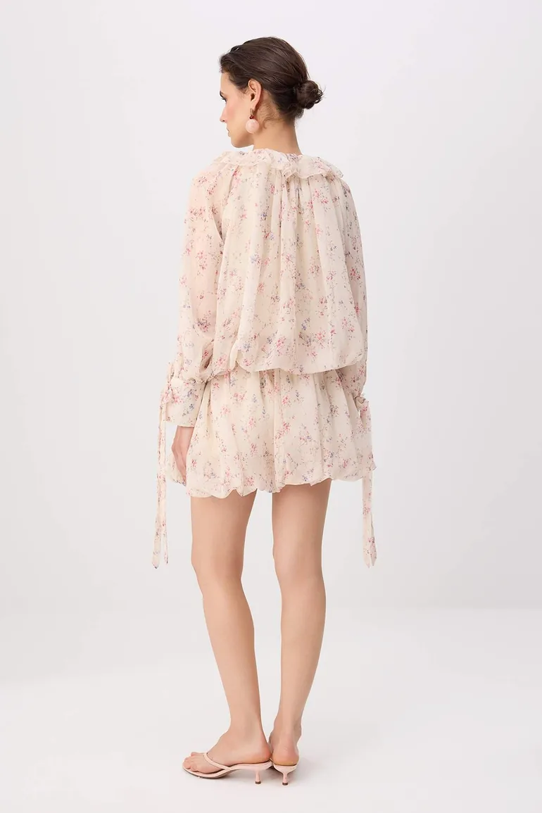 Cream Boho Mini Floral Balloon Skirt Woven Dress - 3