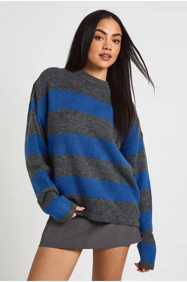 Soft Knit Stripe Crew Neck Jumper - blue