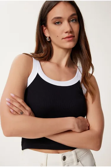 Women's Black Contrast Colored Thick Strap Ribbed Undershirt